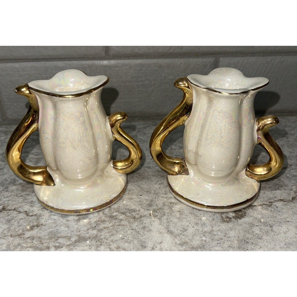 2 Vintage Candle Holder Pearl China Co Mid Century Gold Accent Holders Chip